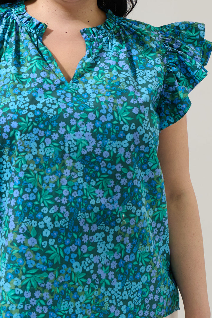 Midnight Floral Risette Ruffle Split Neck Top Curve