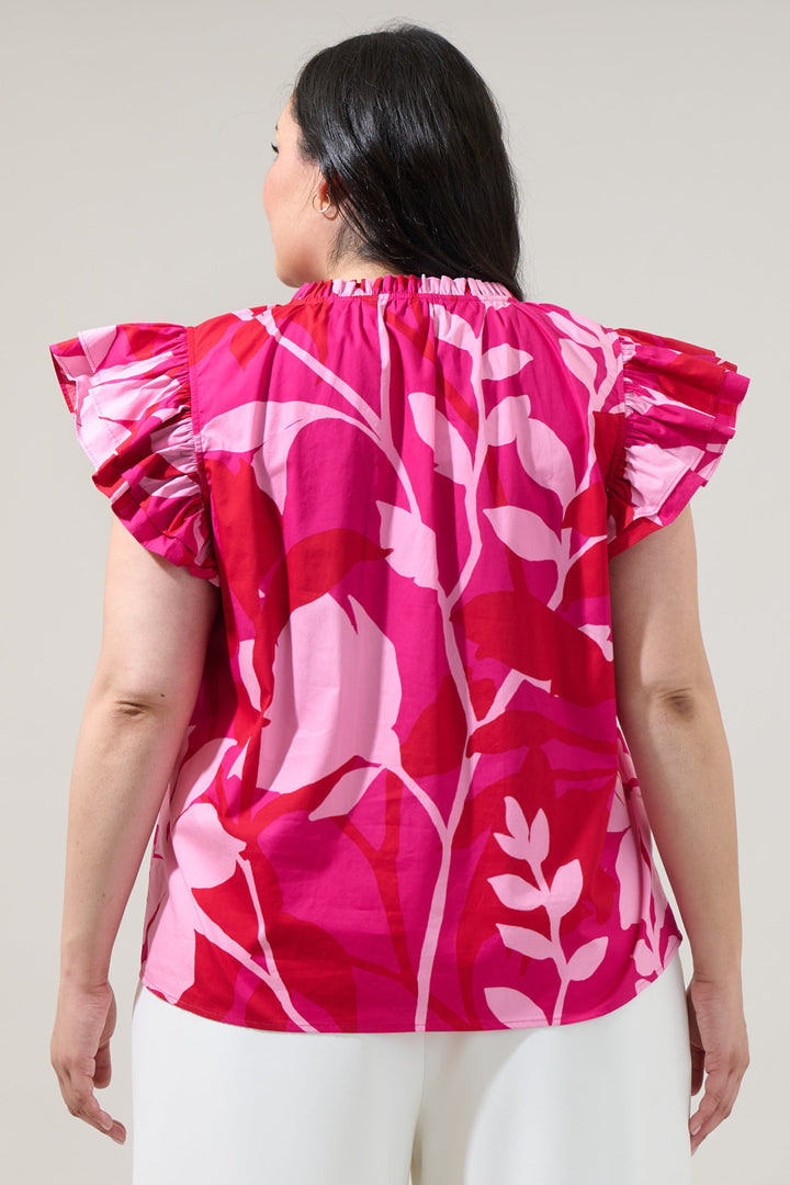 Mila Floral Risette Ruffle Split Neck Top Curve