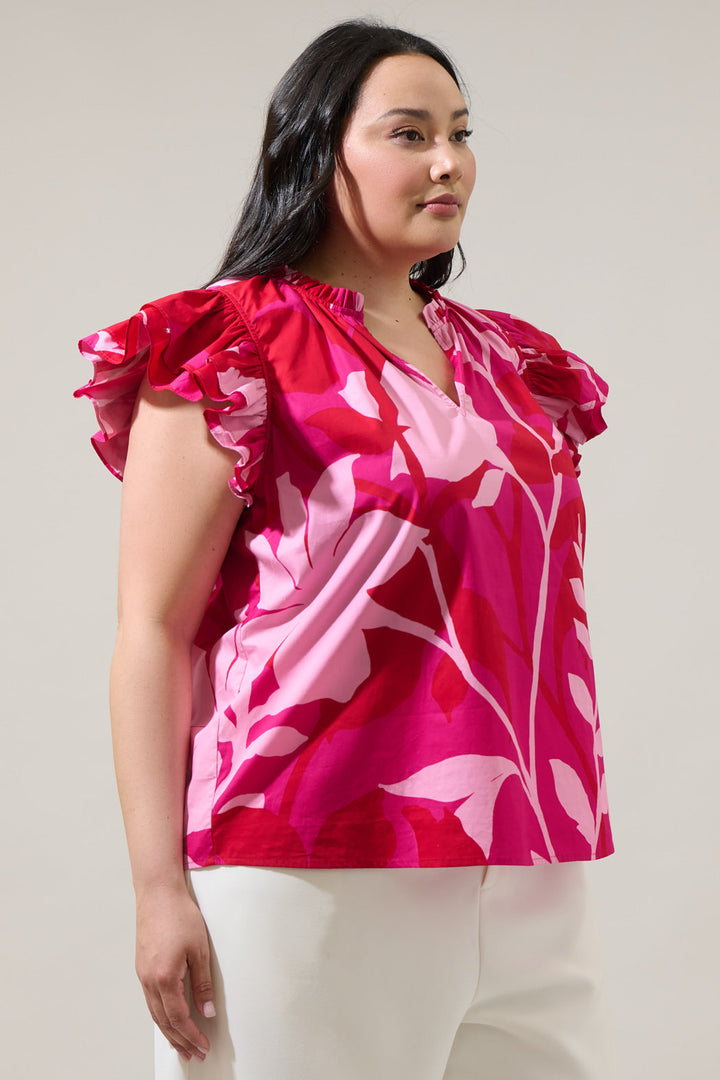 Mila Floral Risette Ruffle Split Neck Top Curve