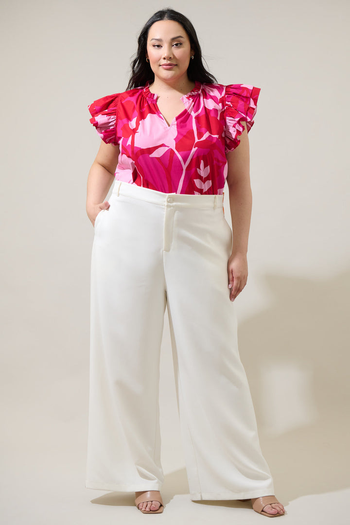 Mila Floral Risette Ruffle Split Neck Top Curve