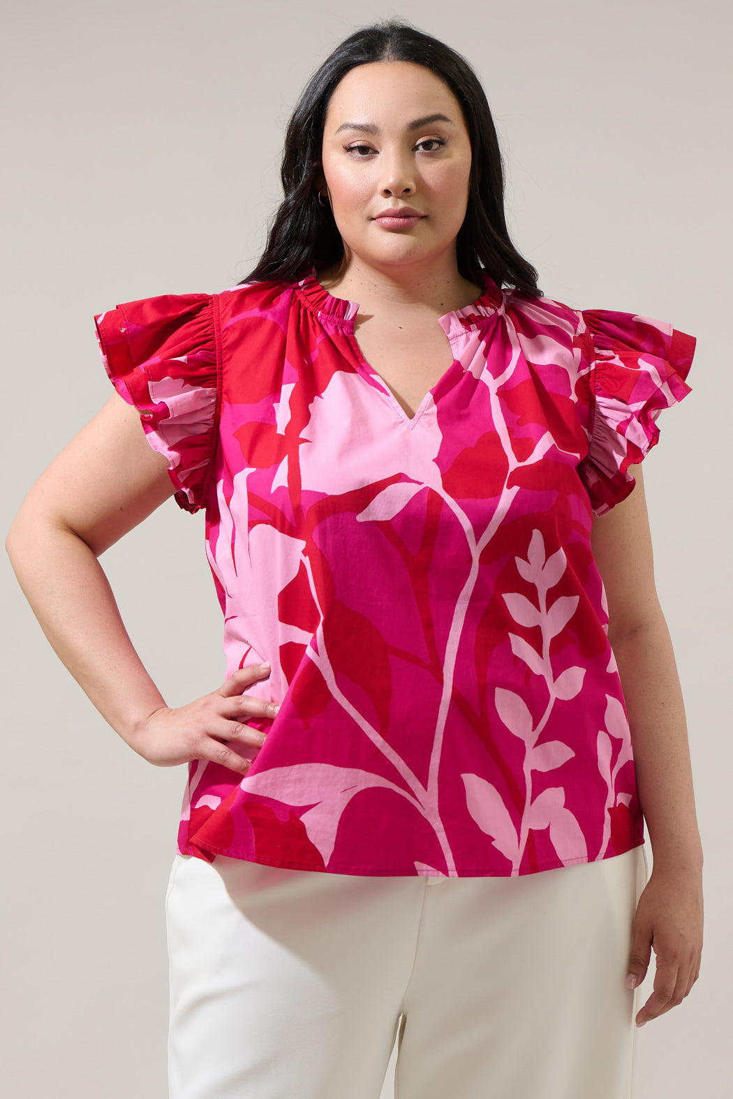 Mila Floral Risette Ruffle Split Neck Top Curve