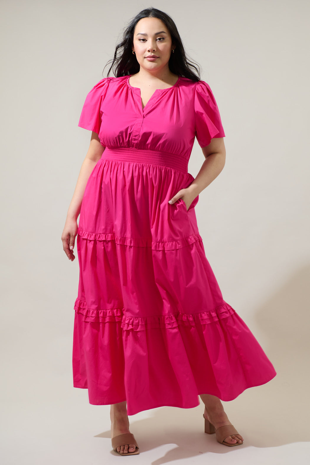 Fabia Palmer Poplin Tiered Maxi Dress Curve