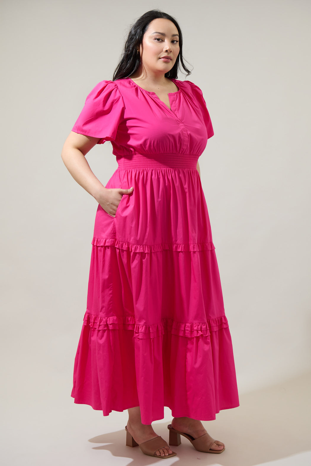 Fabia Palmer Poplin Tiered Maxi Dress Curve