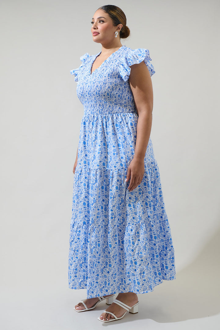 Luray Floral Sunfire Smocked Bodice Tiered Midi Curve Dress