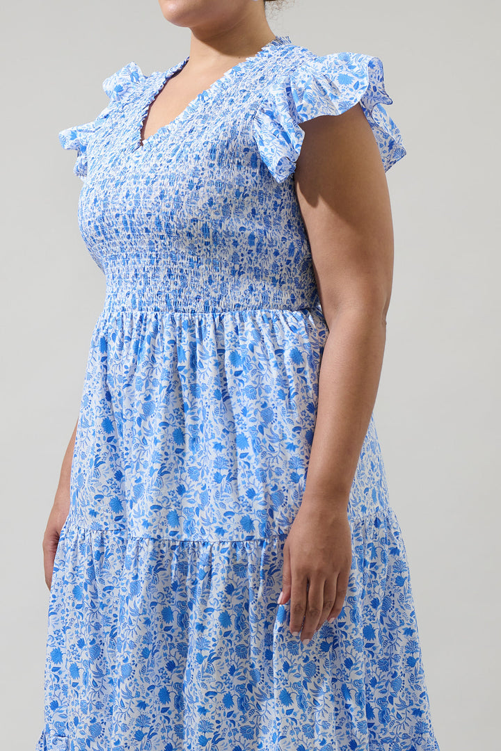 Luray Floral Sunfire Smocked Bodice Tiered Midi Curve Dress
