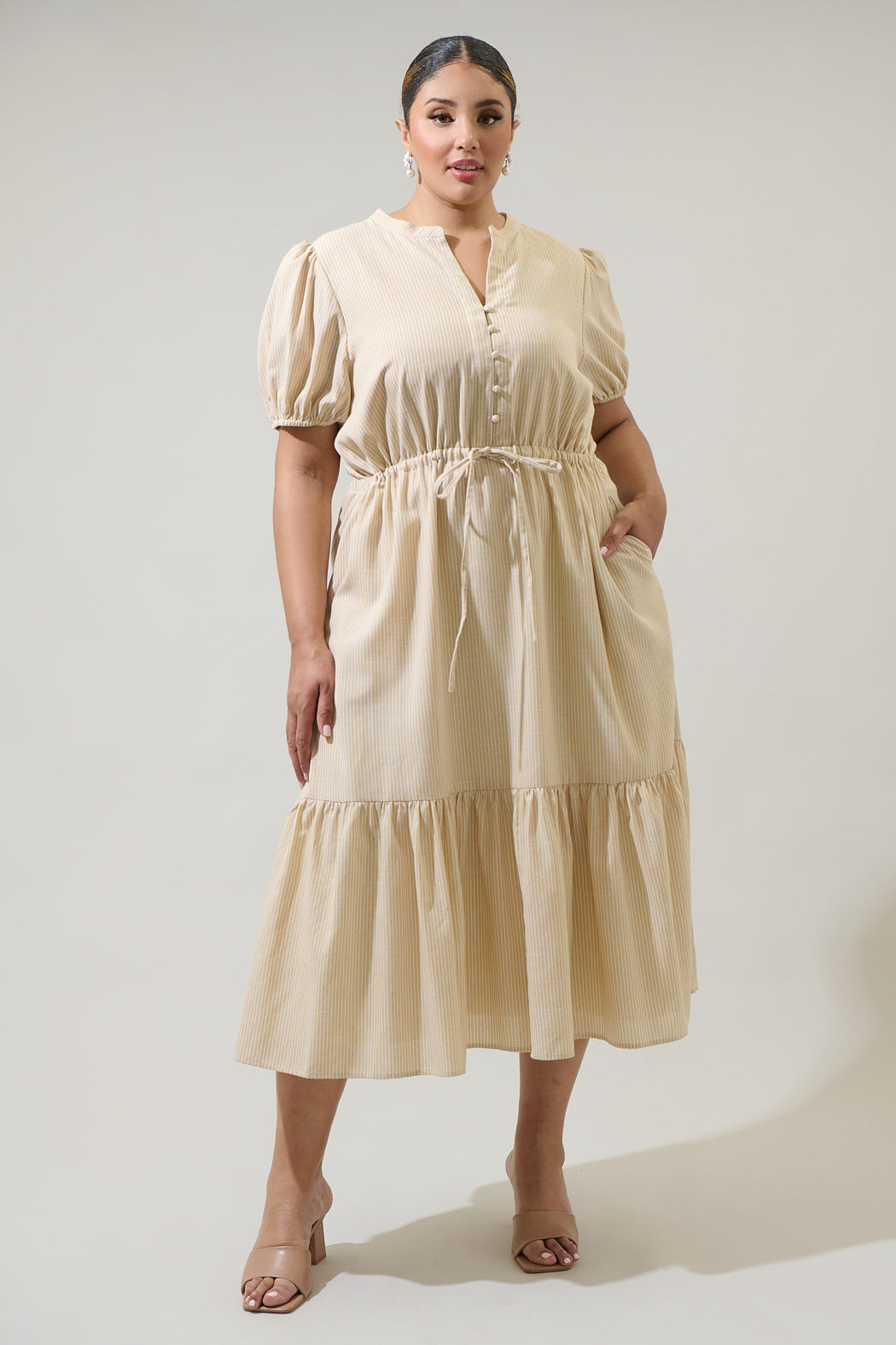 Zephyr Ticking Stripe Waist Tie Midi Curve Dress