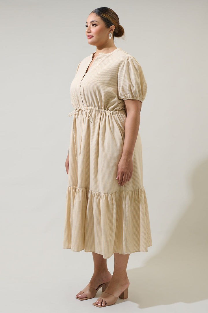 Zephyr Ticking Stripe Waist Tie Midi Curve Dress