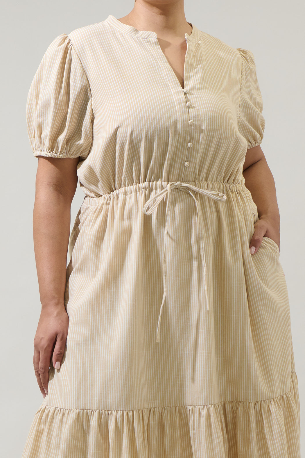 Zephyr Ticking Stripe Waist Tie Midi Curve Dress