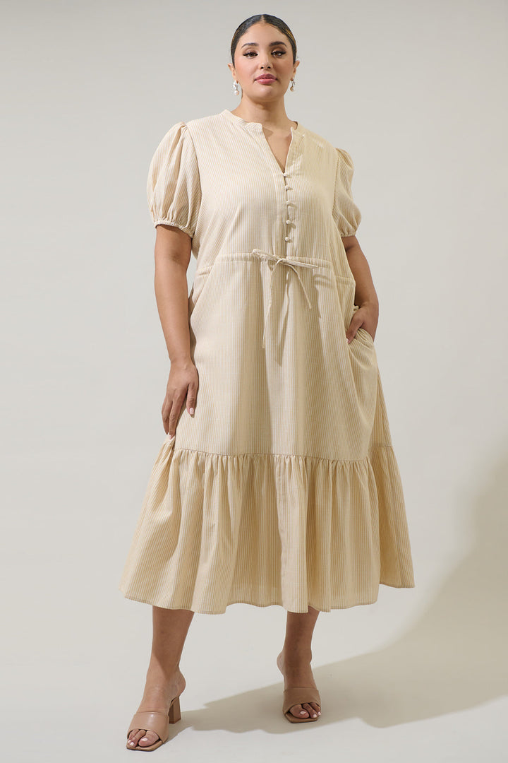 Zephyr Ticking Stripe Waist Tie Midi Curve Dress