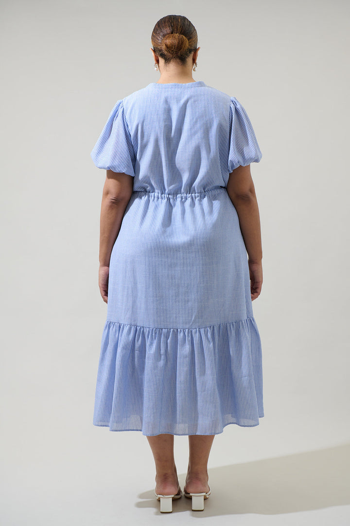 Zephyr Ticking Stripe Waist Tie Midi Curve Dress