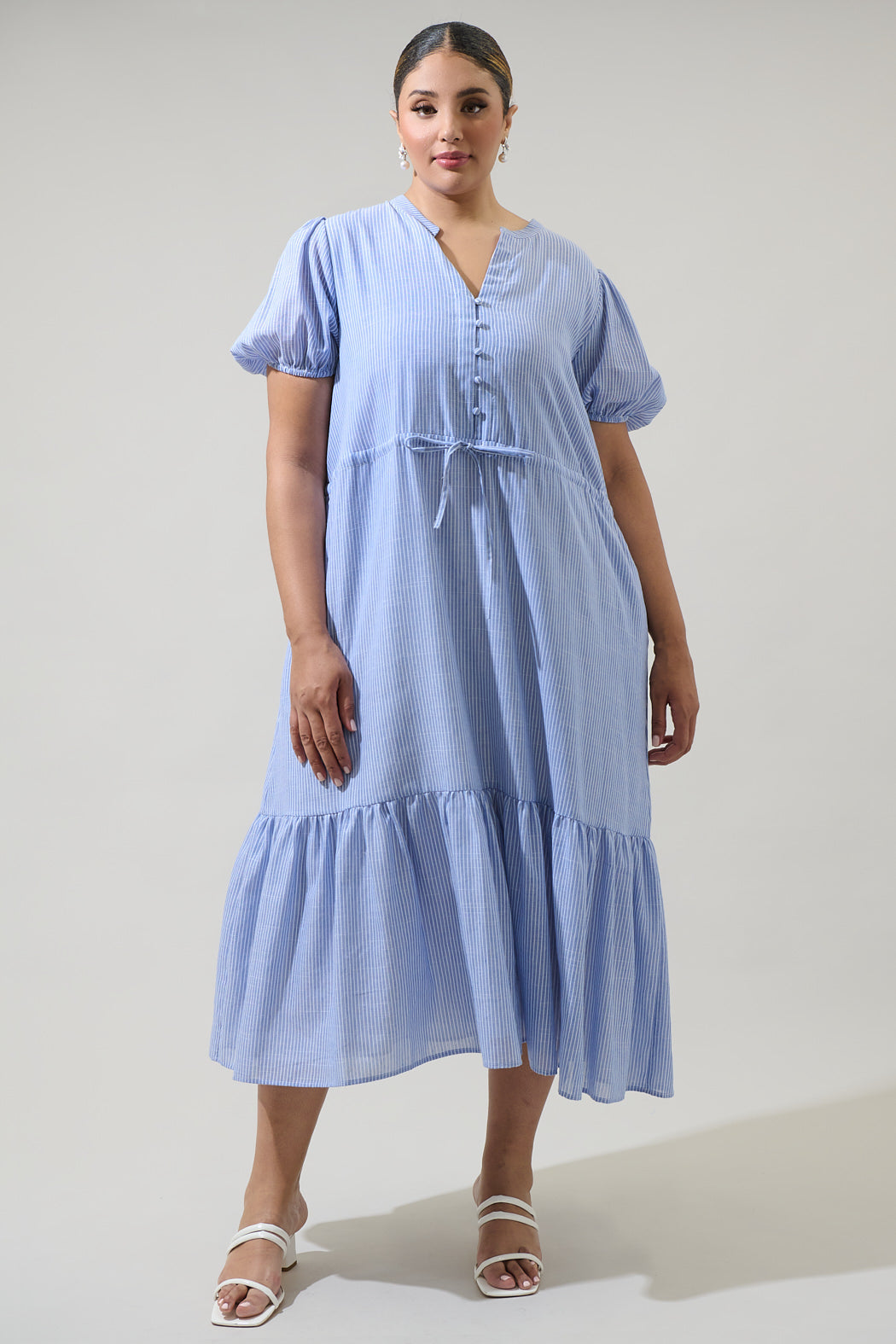 Zephyr Ticking Stripe Waist Tie Midi Curve Dress