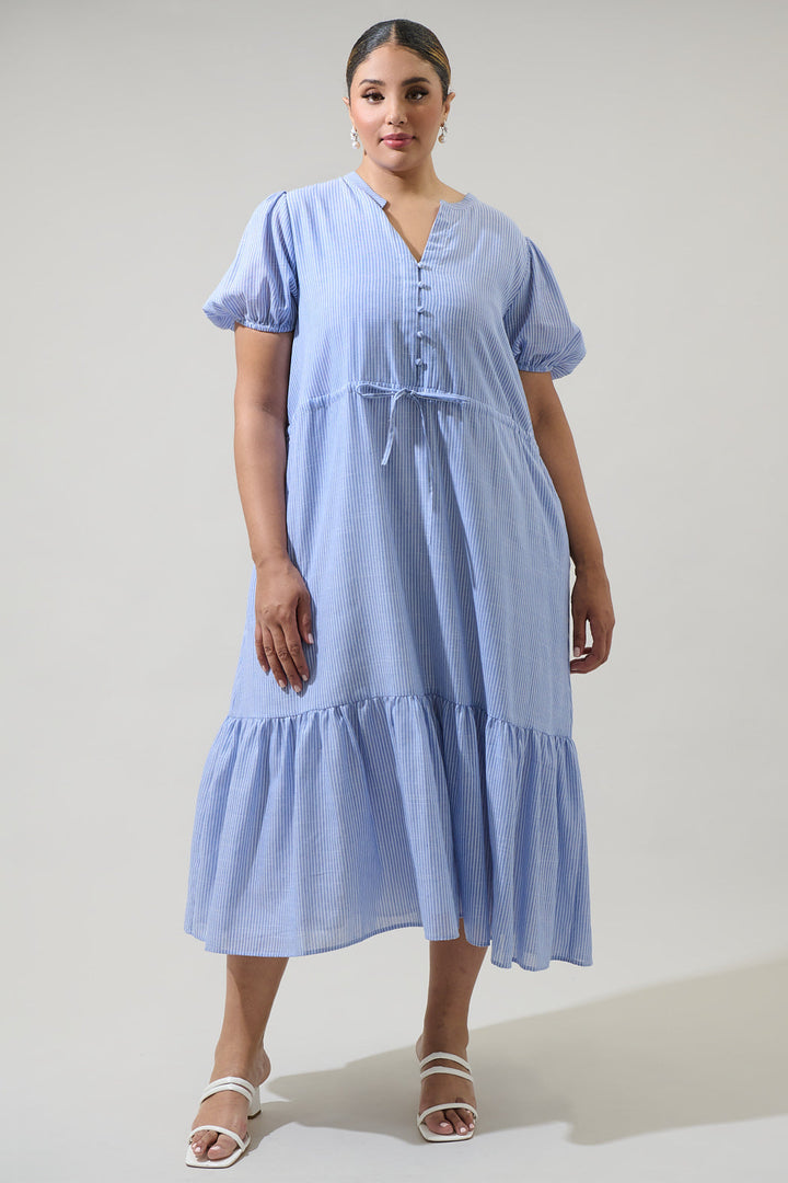 Zephyr Ticking Stripe Waist Tie Midi Curve Dress
