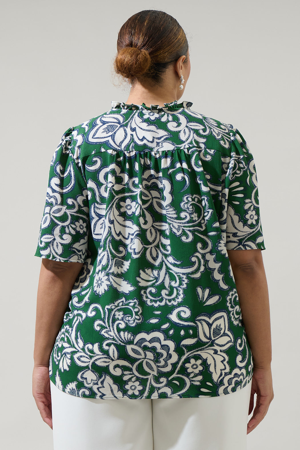 Harriet Floral Ruffle Split Neck Dupont Top Curve