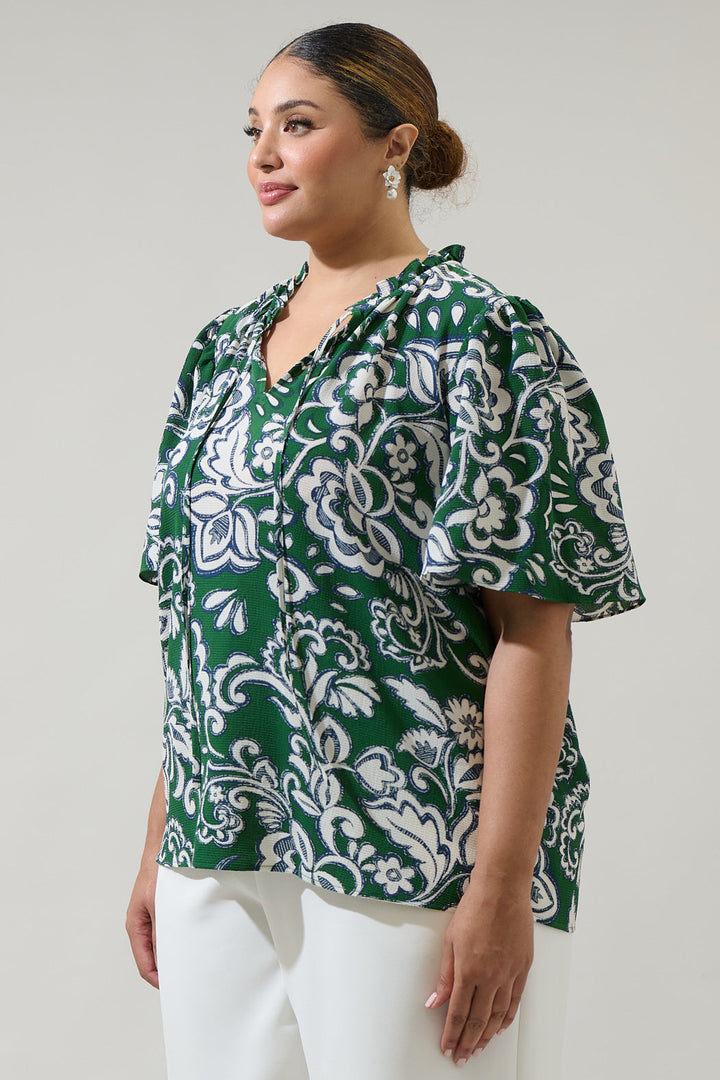 Harriet Floral Ruffle Split Neck Dupont Top Curve