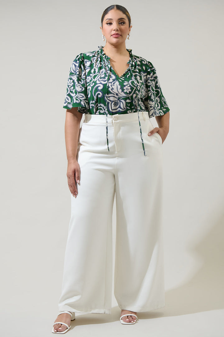 Harriet Floral Ruffle Split Neck Dupont Top Curve