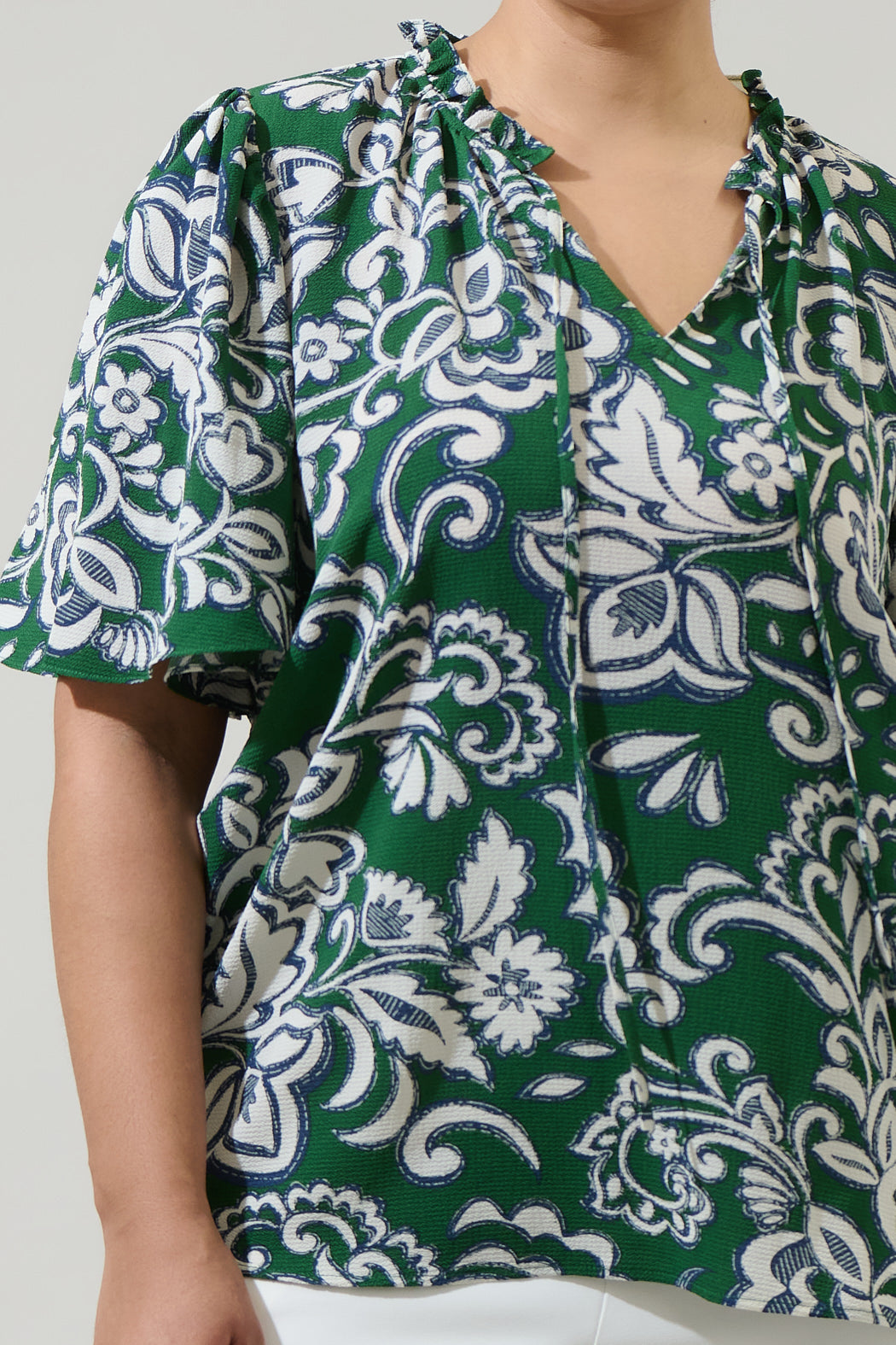 Harriet Floral Ruffle Split Neck Dupont Top Curve