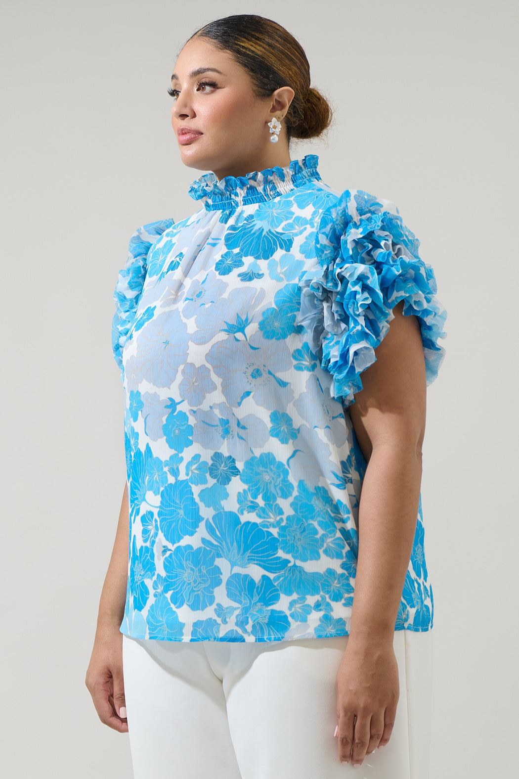 Kerela Floral Brenna Mock Neck Ruffle Blouse Curve