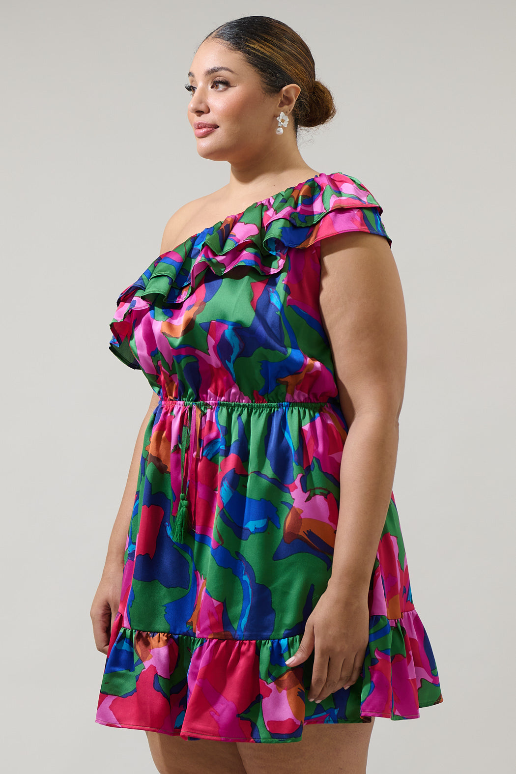 Evolet Floral Paradise Satin One Shoulder Mini Dress Curve