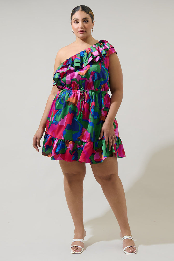 Evolet Floral Paradise Satin One Shoulder Mini Dress Curve