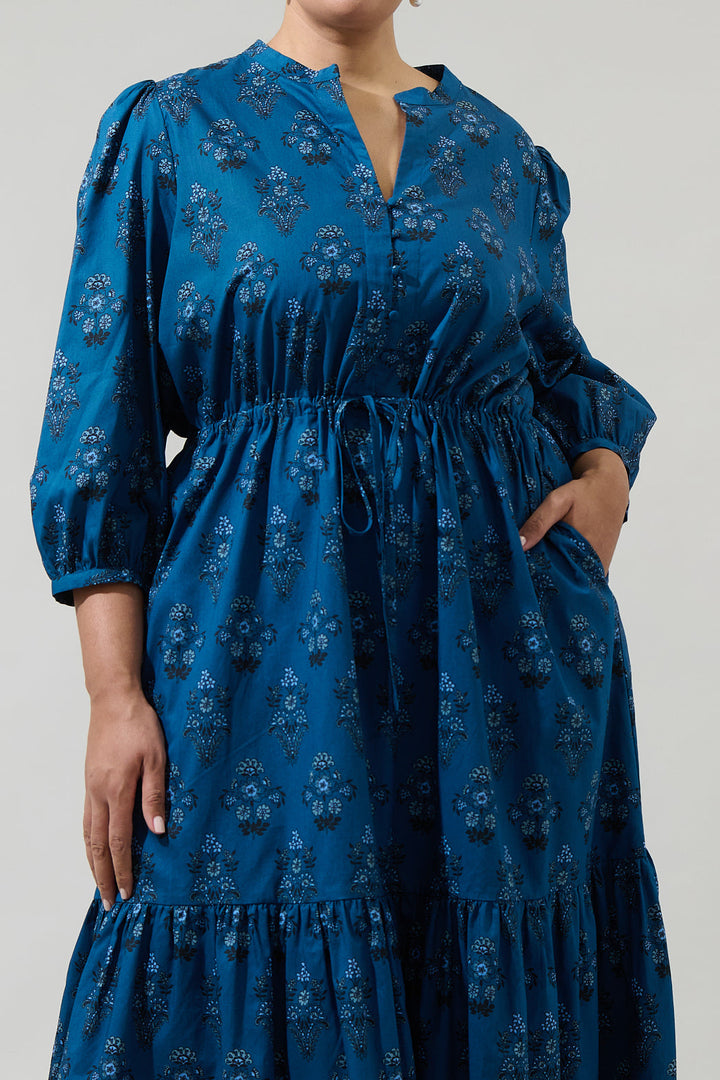 Gardena Floral Zinnia Split Neck Midi Dress Curve