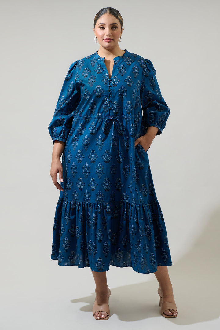 Gardena Floral Zinnia Split Neck Midi Dress Curve