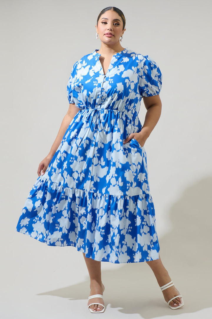 Grafton Floral Ticking Floral Waist Tie Midi Dress Curve
