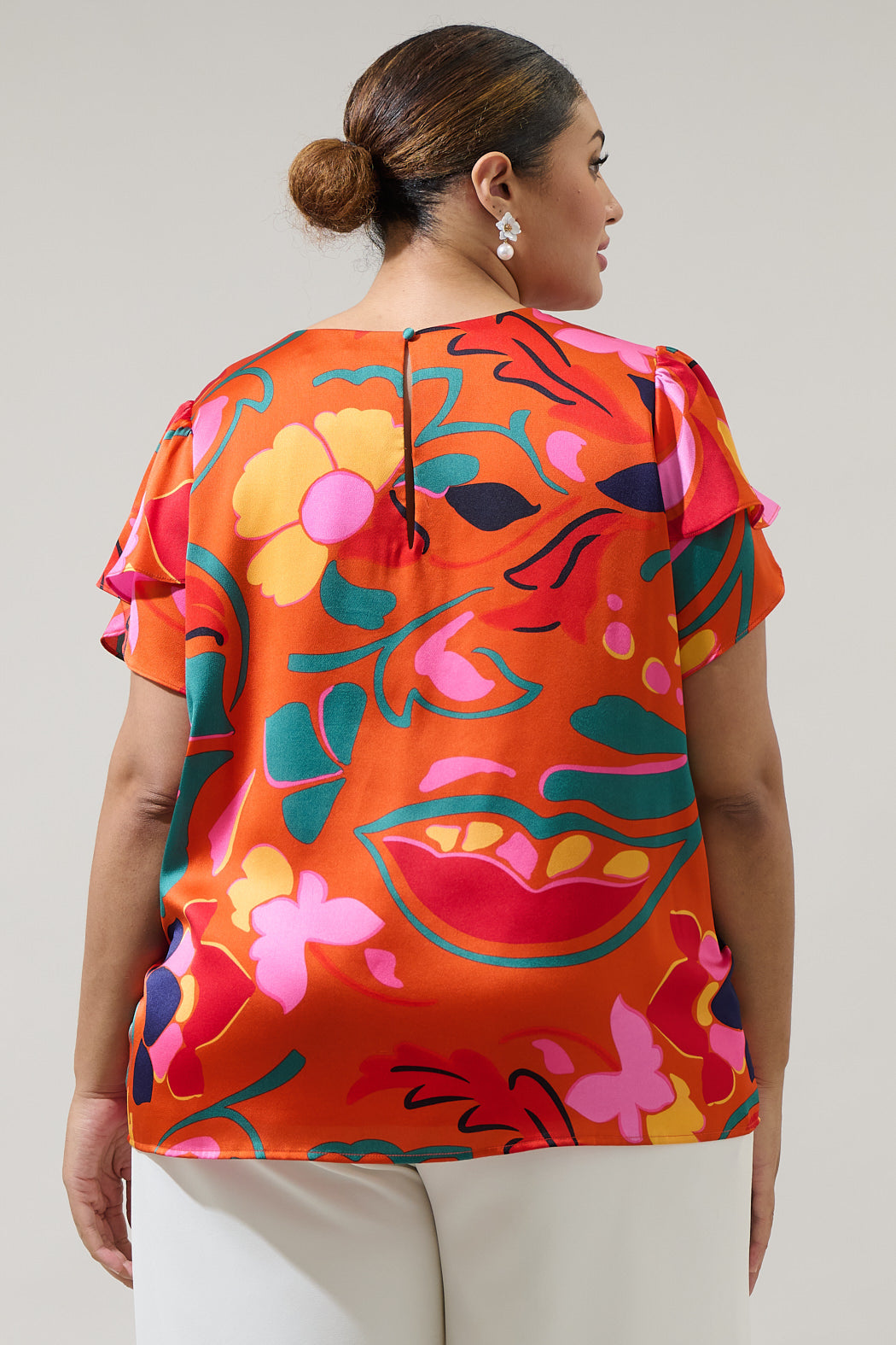 Serene Floral Deja Satin Ruffle Blouse Curve