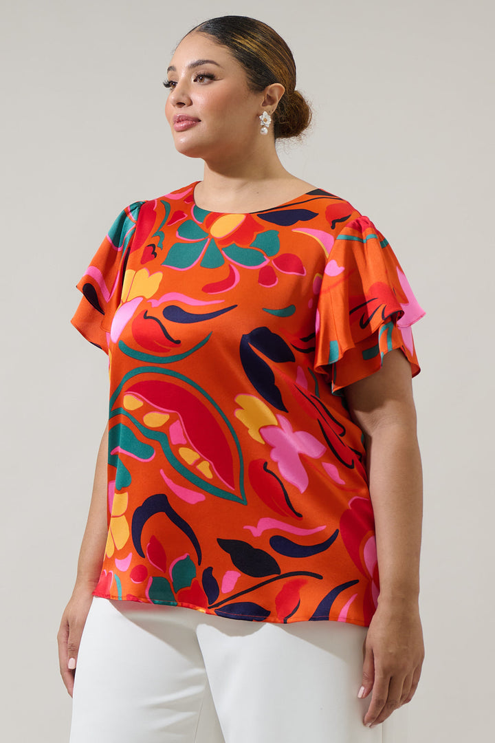 Serene Floral Deja Satin Ruffle Blouse Curve