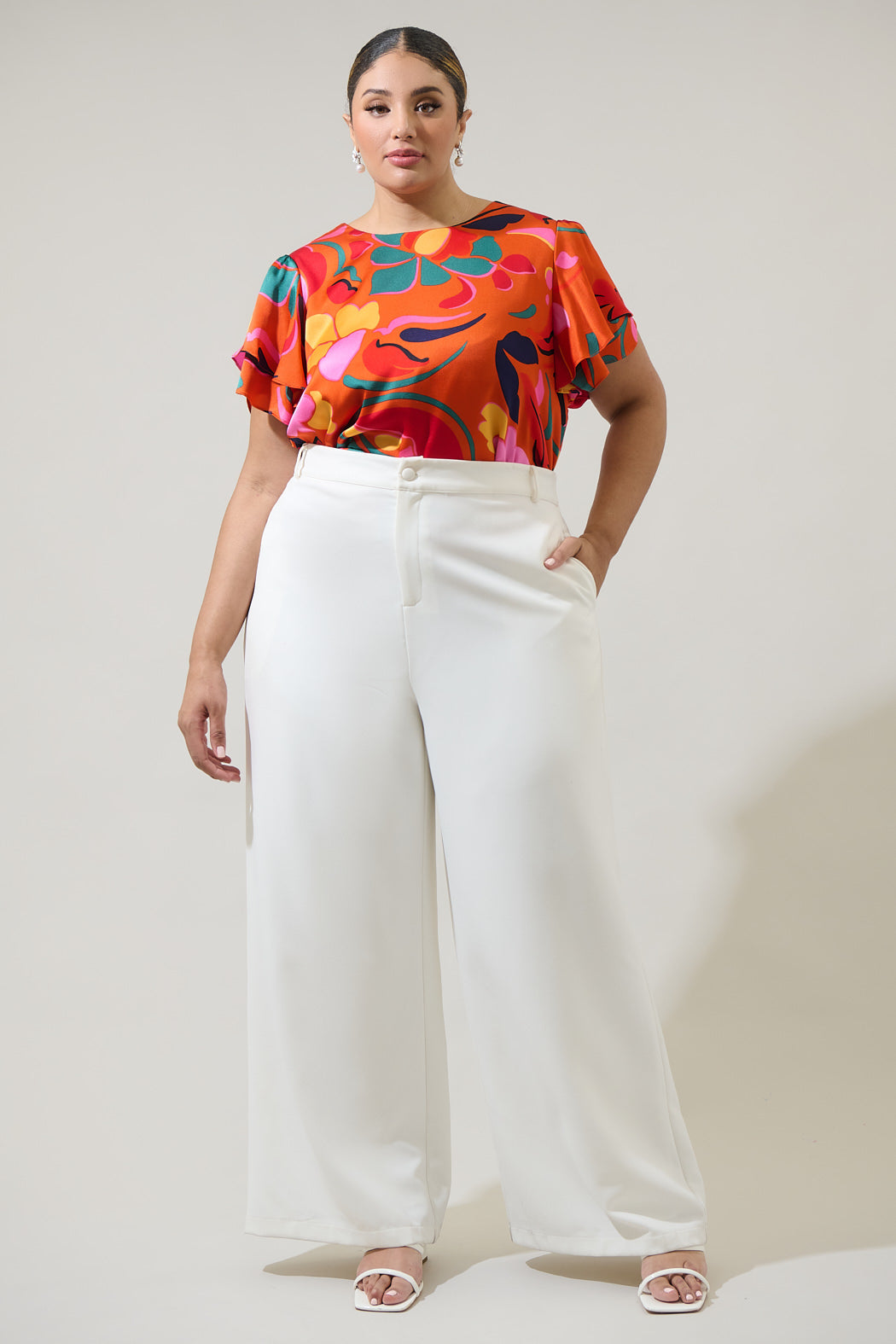 Serene Floral Deja Satin Ruffle Blouse Curve