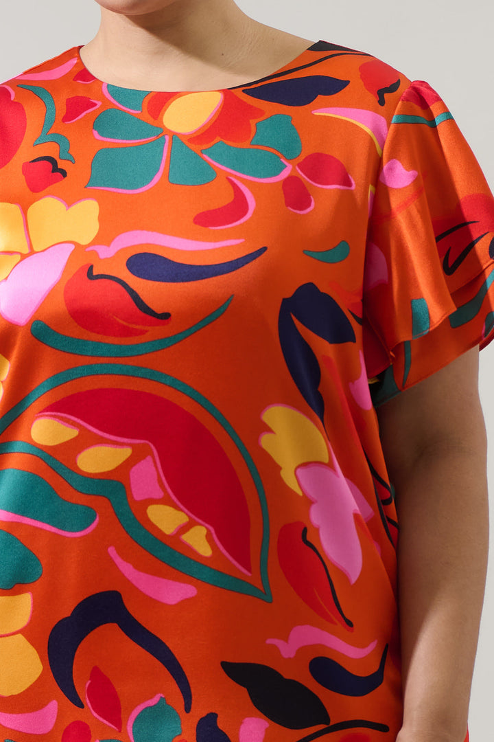 Serene Floral Deja Satin Ruffle Blouse Curve