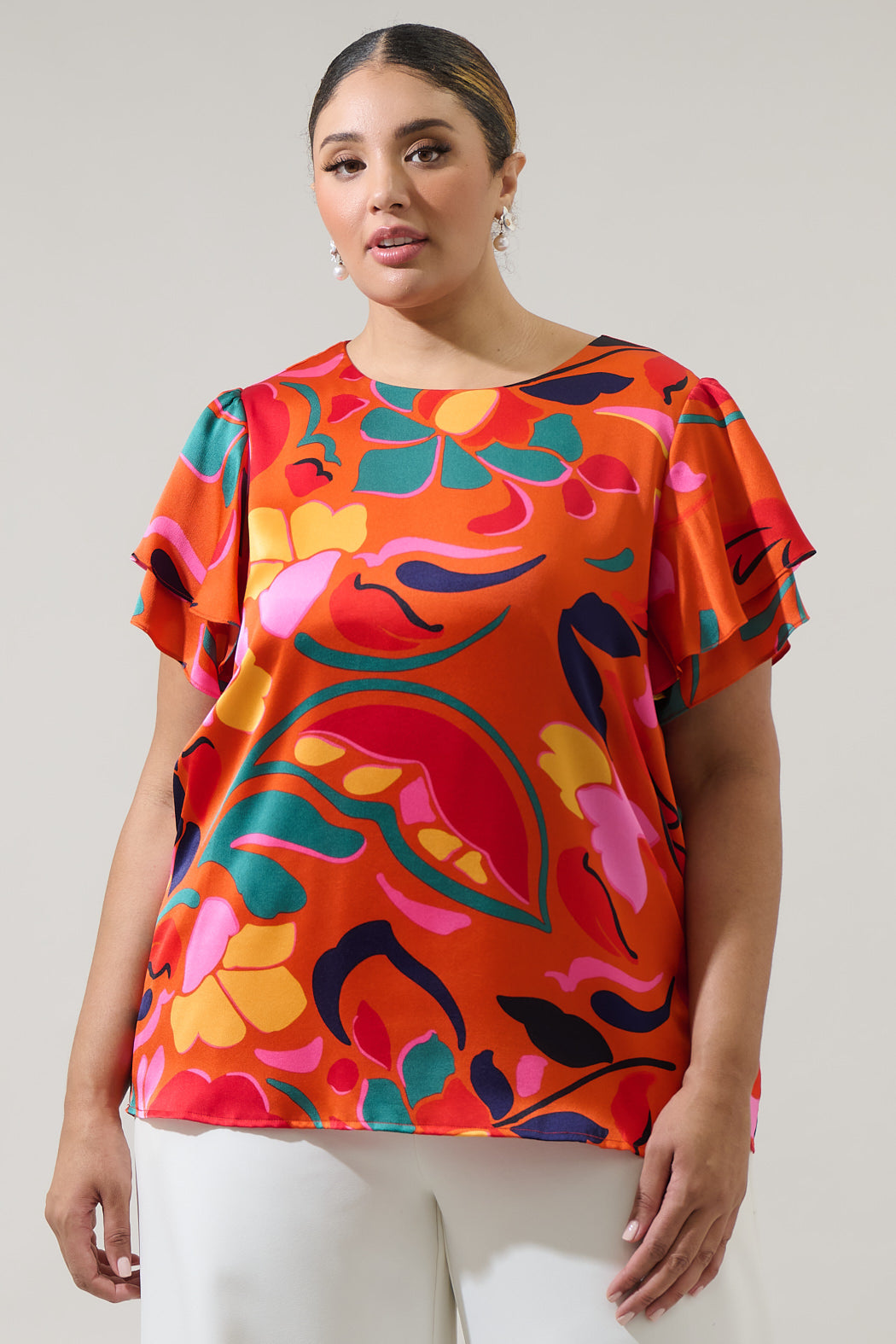 Serene Floral Deja Satin Ruffle Blouse Curve