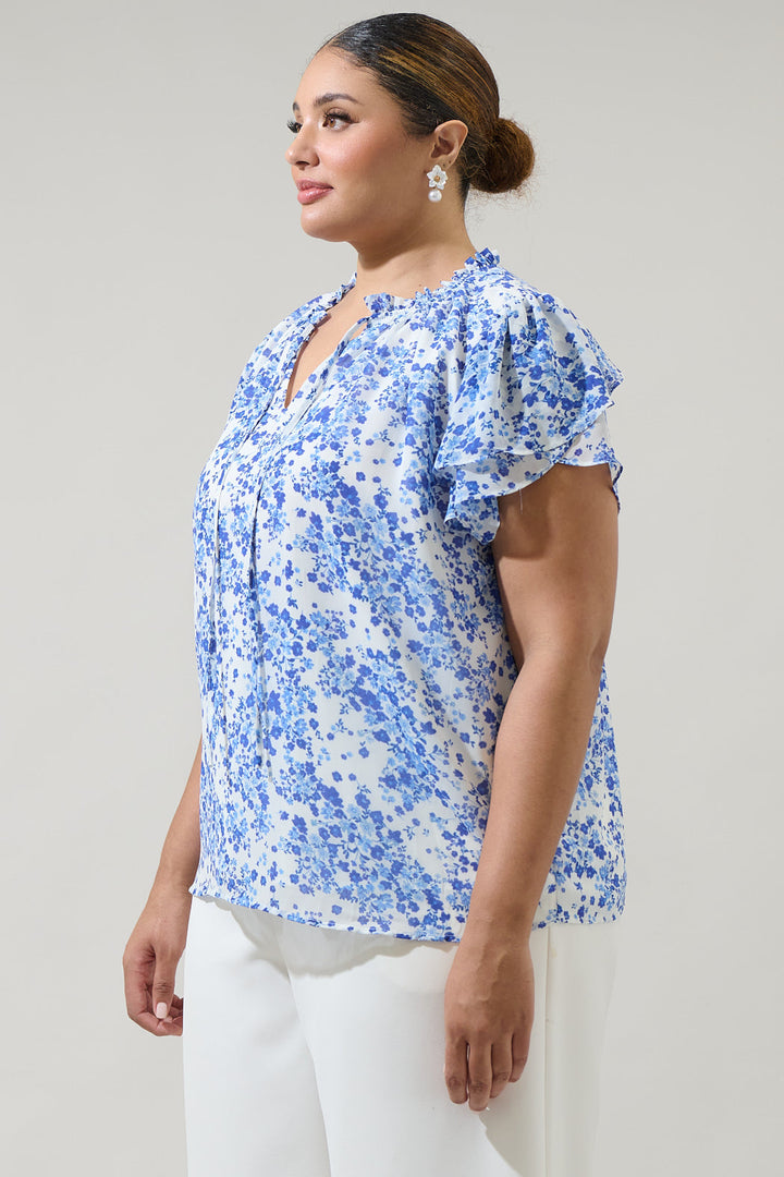 Camellia Floral Jewel Split Neck Top Curve
