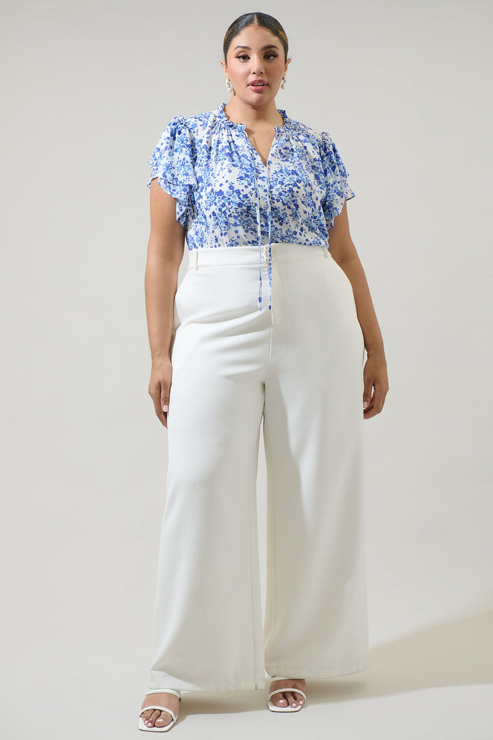 Camellia Floral Jewel Split Neck Top Curve