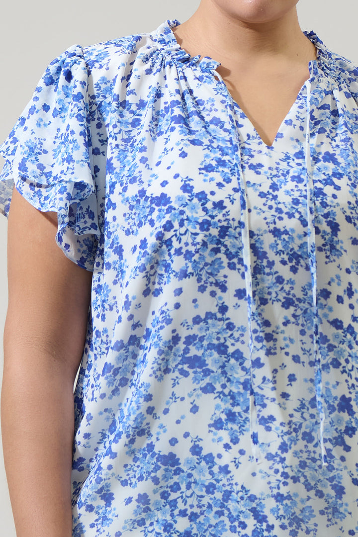 Camellia Floral Jewel Split Neck Top Curve