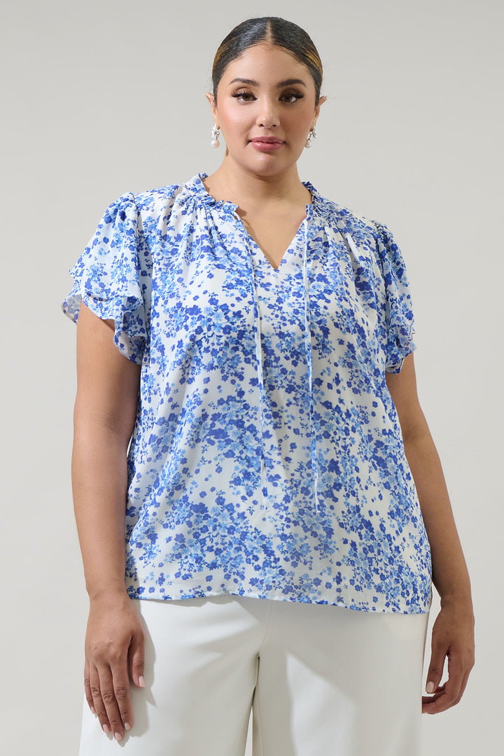 Camellia Floral Jewel Split Neck Top Curve
