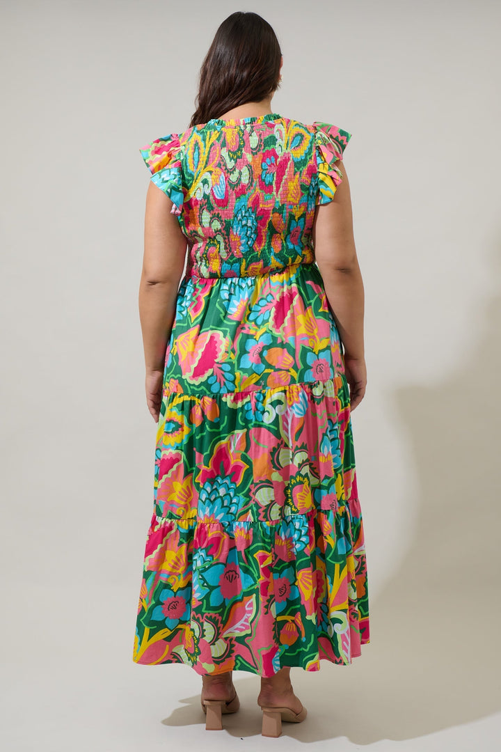 Lanai Multi Tropics Sunfire Smocked Bodice Tiered Midi Dress Curve