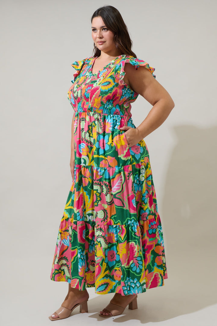 Lanai Multi Tropics Sunfire Smocked Bodice Tiered Midi Dress Curve
