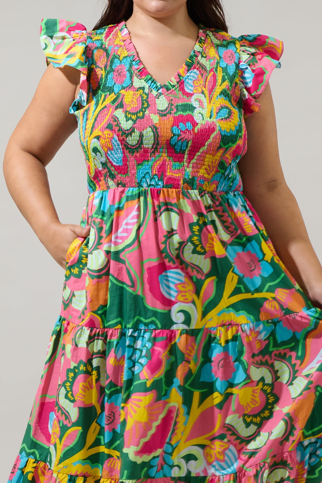 Lanai Multi Tropics Sunfire Smocked Bodice Tiered Midi Dress Curve