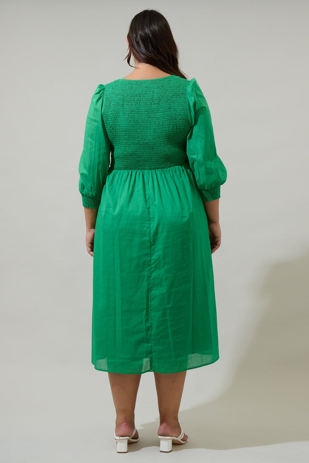 Zelda Smocked Long Sleeve Cotton Voile Midi Dress Curve