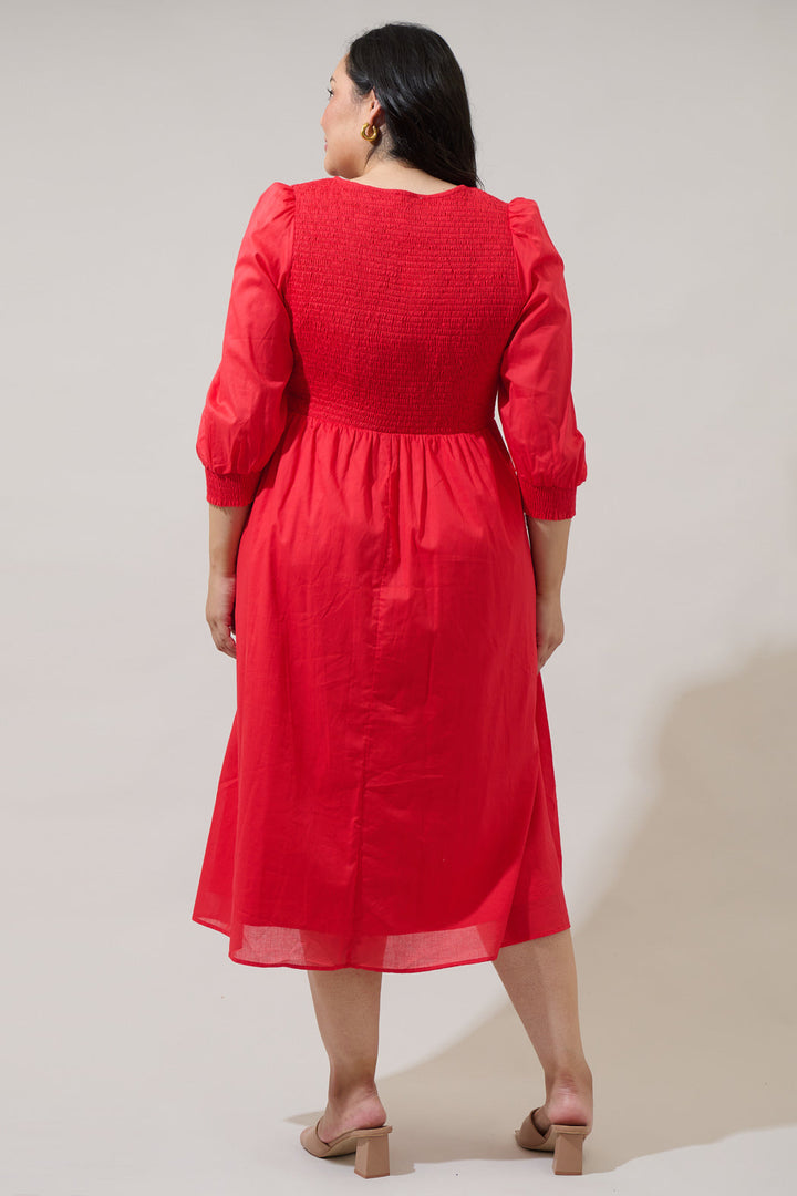 Zelda Smocked Long Sleeve Cotton Voile Midi Dress Curve