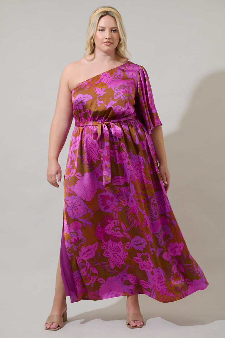 Lorian Floral Meara One Shoulder Satin Maxi Dress Curve