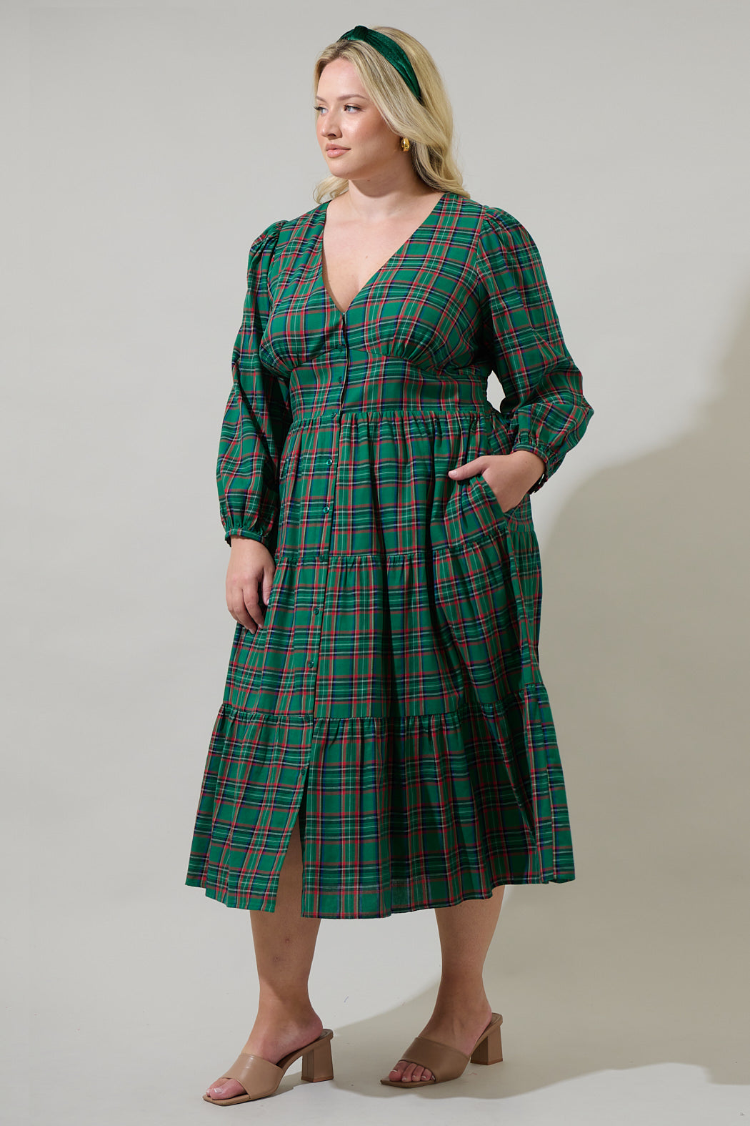 Jace Plaid Shely Button Down Midi Dress Curve