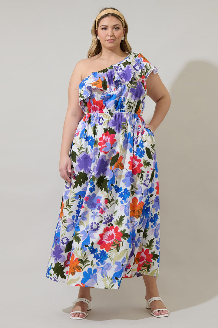 Amania Floral Suraya One Shoulder Midi Dress Curve