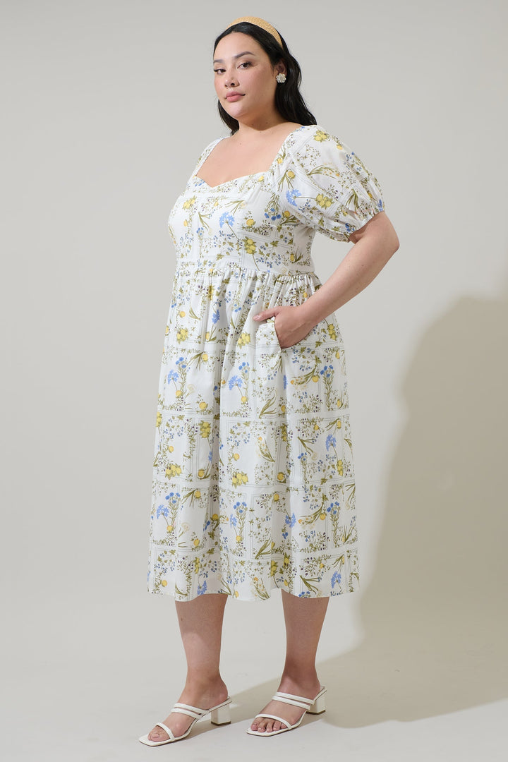 Cecily Floral Alessi Puff Sleeve Midi Dress Curve