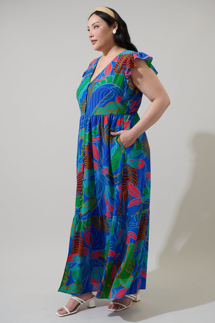 Malton Tropical Evianna Button Down Flutter Maxi Dress Curve