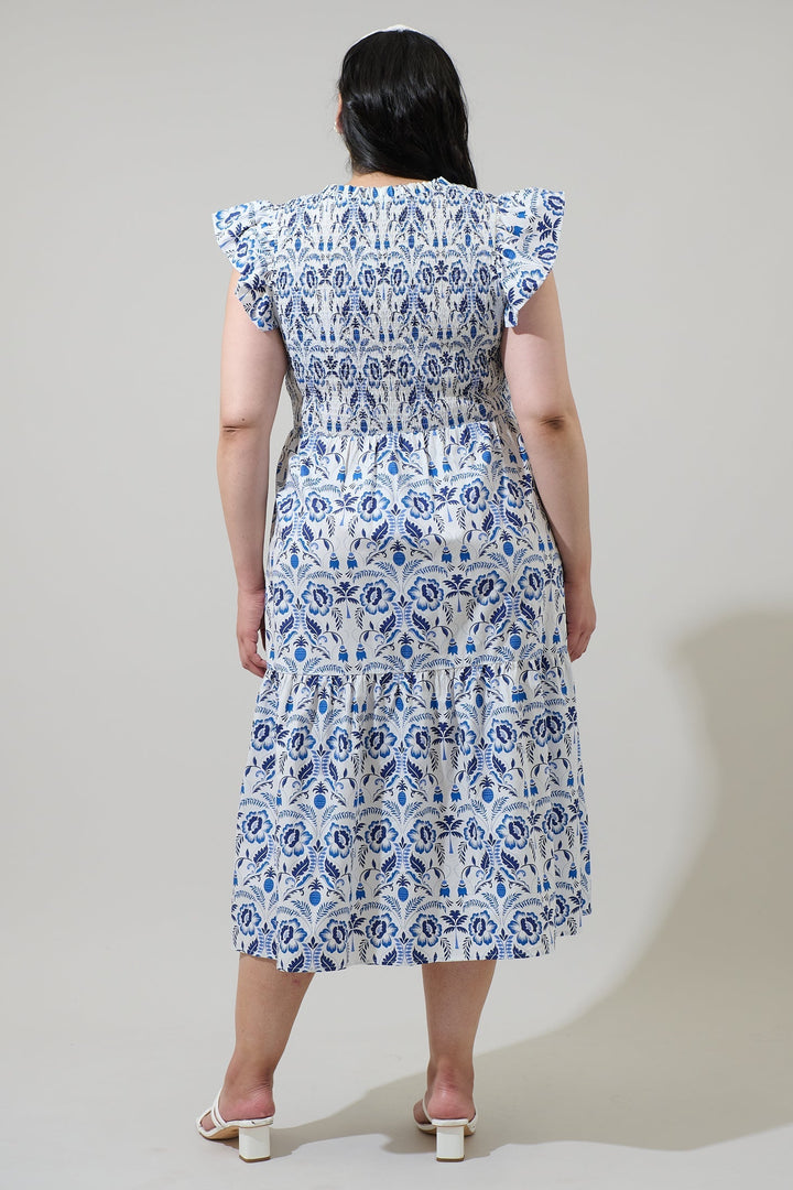 Marisol Floral Giza Glare Smock Tiered Midi Dress Curve