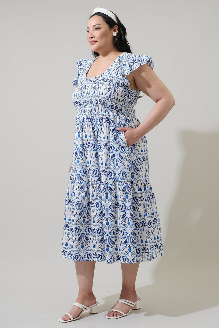 Marisol Floral Giza Glare Smock Tiered Midi Dress Curve