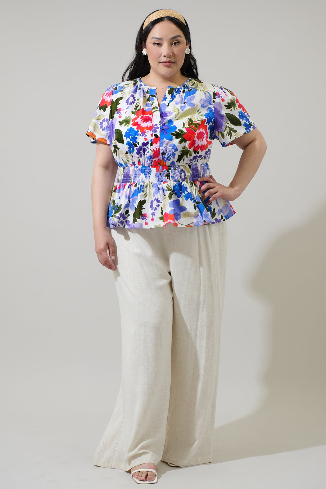 Amania Floral Sarina Smocked Peplum Top Curve