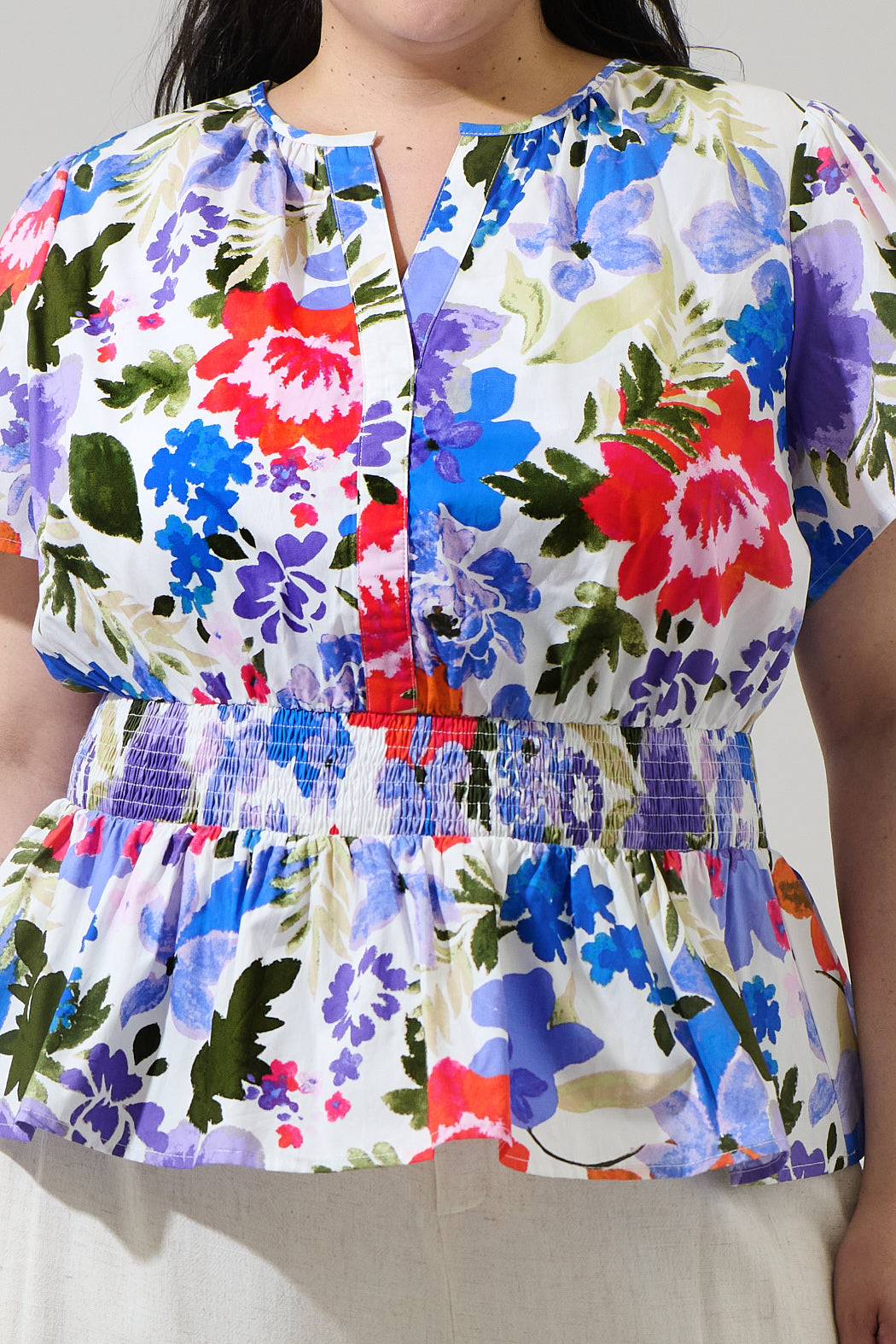 Amania Floral Sarina Smocked Peplum Top Curve