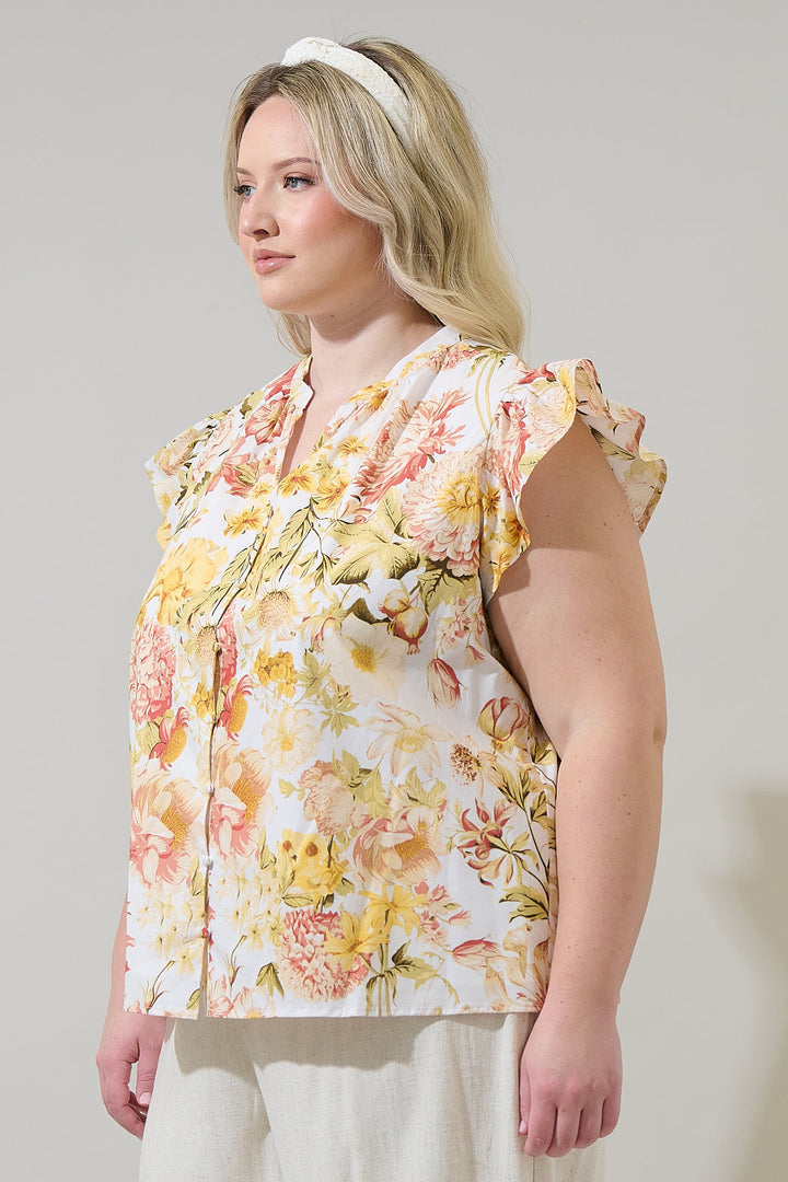 Zury Floral Everly Split Neck Top Curve